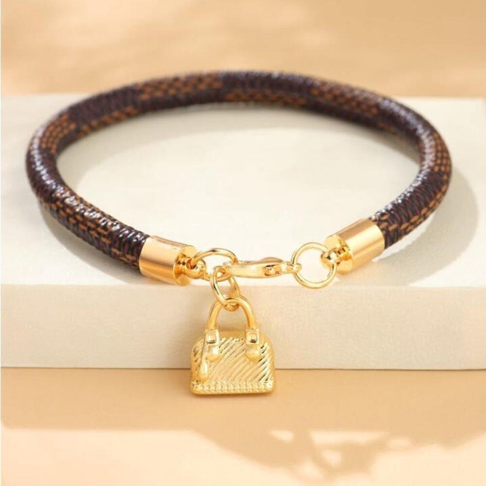 Designer Inspired Brown Checkered Gold Plated Bag Charm Bracelet